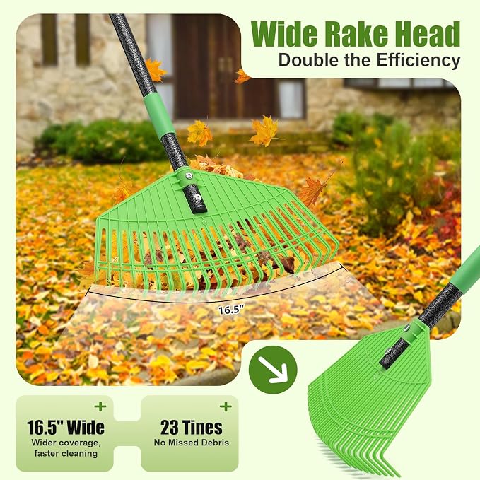 Plastic Leaf Rake with Adjustable 65'' Handle - Lightweight Outdoor Yard Rakes for Leaves,Grass & Pine Needle,Mulch,Gentle On Lawn Garden - Easy to Use for Women,Seniors & Kids