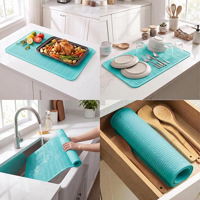 MicoYang Silicone Dish Drying Mat for Multiple Usage,Easy clean,Eco-friendly,Heat-resistant Silicone Mat for Kitchen Counter or Sink,Refrigerator or Drawer Liner Mint 4XL 32 inches x 18 inches