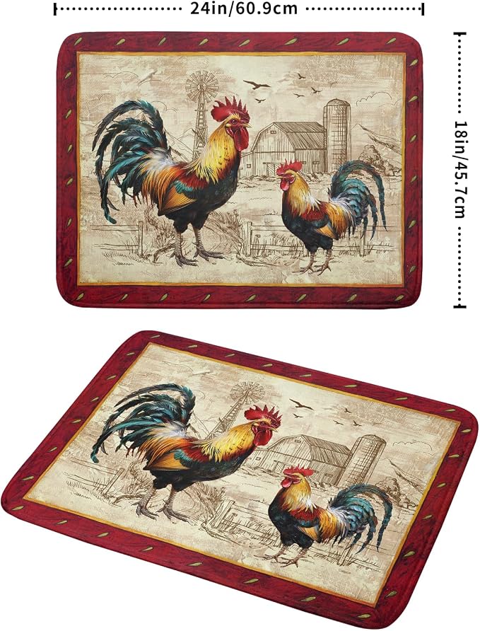 Farm Rooster Dish Drying Mat for Countertop 18x24 Inches Red Rustic Chicken Absorbent Microfiber Dry Dishes Pads Kitchen Counter Accessories