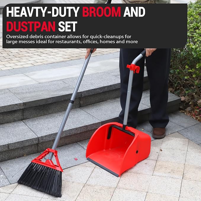Commercial Broom and Dustpan Set,Heavy Duty Broom Set,Jumbo Debris Dustpan | Dustpan (14inch*14inch) , Broom(14inch Width) ,Trash Collection for Commercial /Industrial Cleaning ,2Sets, Red