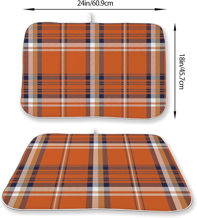 Fall Plaid Dish Drying Mat 18x24 Inch Autumn Orange Blue Buffalo Plaid Drying Mat for Kitchen Counter Absorbent Farmhouse Harvest Thanksgiving Dishes Dry Pad for Drainer Rack Kitchen Fast Dry