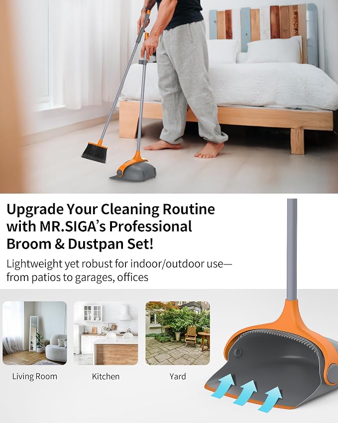 MR.SIGA Broom and Dustpan Set with Adjustable Long Handle, Gray & Orange | Stand upright broom with dustpan combo for home, office and garage easy sweeping and storage. 51.7"(131 cm) broom handle