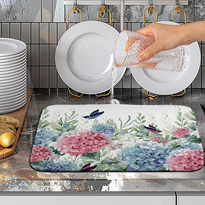Spring Flowers Dish Drying Mat for Kitchen Counter Blue Pink Hydrangea Floral Drying Mats Absorbent Reversible Microfiber Dish Draining Mat Reusable Washable Dishes Pad Medium 16"x18"