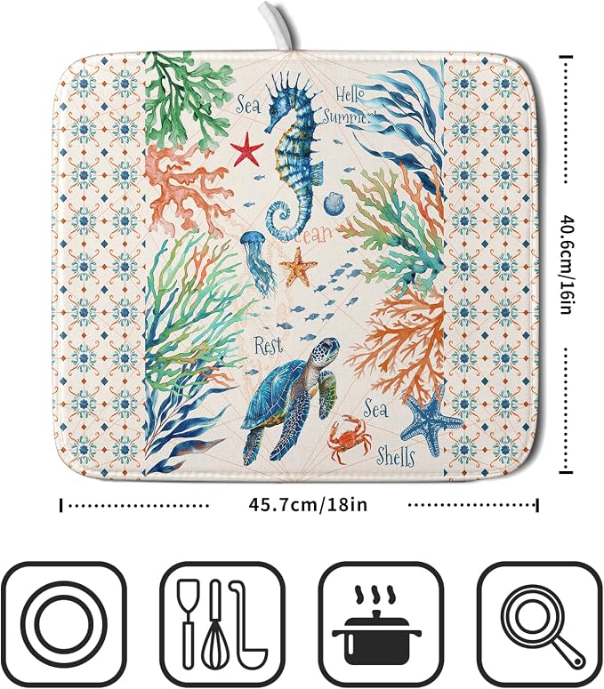 Giwawa Nautical Coastal Dish Drying Mat Sea Turtle Seahorse Dish Drainer Pad 16"x18" Microfiber Reversible Fast Dry Pad for Kitchen Counter Decor
