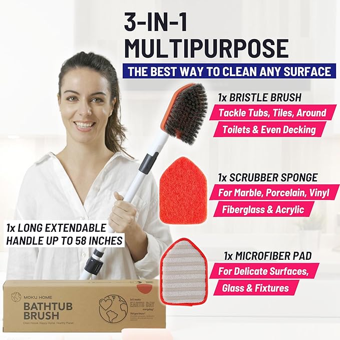 Moku Home Shower Scrubber 3 in 1 Extendable Long Handle 58" Cleaning Brush | Non-Scratch Bathroom Scrubber for Tub, Tile, Shower, Kitchen, Toilet, Sink, Wall & Floor; Telescopic Shower Cleaning Brush