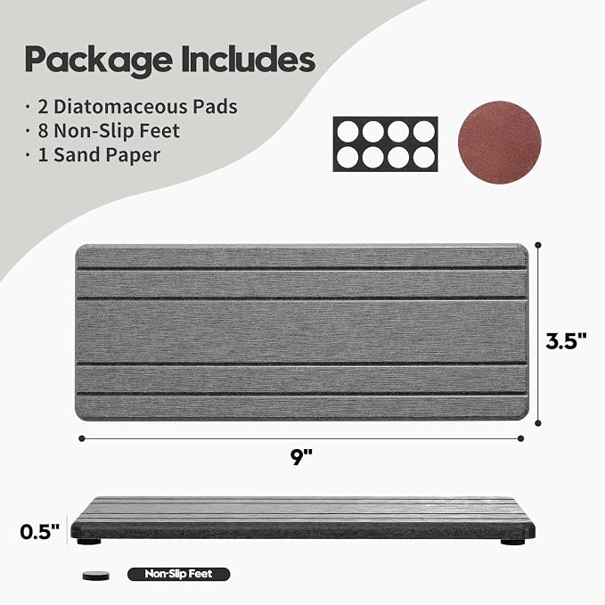 Razborci 2PCS Diatomite Quick Stone Drying Tray Mat For Bathroom & Kitchen Counter, Instant Dry Water Absorbent Drink Bar Coaster,Vanity Sink Caddy Organizer,Dish Soap Sponge Holder, Dark Gray,9"x3.5"