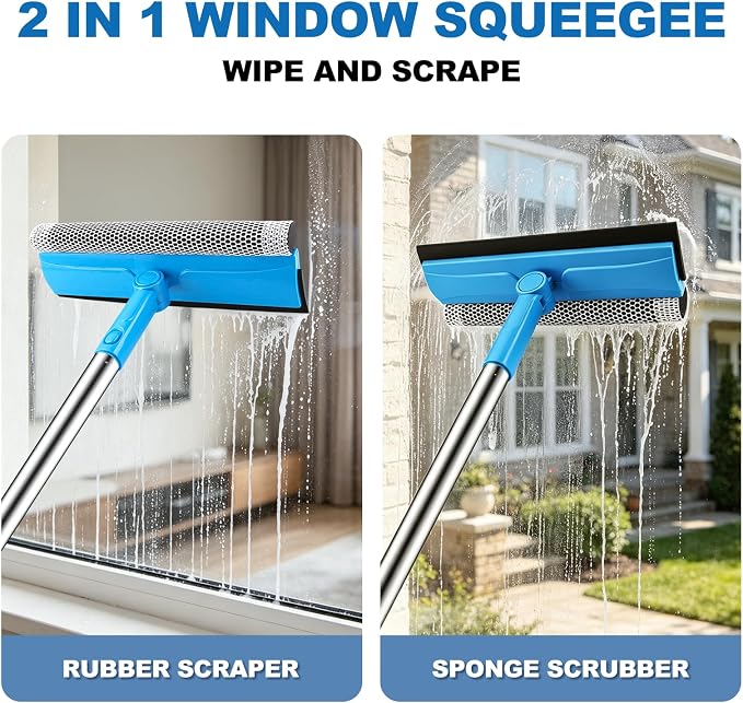 SetSail Window Squeegee 2 in 1 Window Cleaner Tool with 57in Extension Pole | Professional Sponge Squeegee for Window Cleaning Car, Windshield, Glass, Shower, Blue