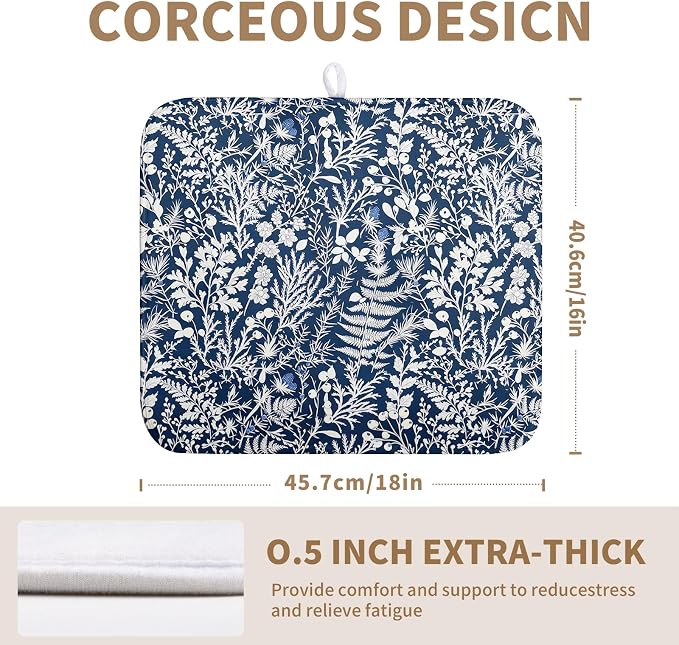 Blue and White Plant Dish Drying Mat Botanical Fern Leaves Floral Drying Mats for Kitchen Counter Microfiber Absorbent Dish Draining Mat Reusable Washable Dish Rack Pad 16x18 Inch