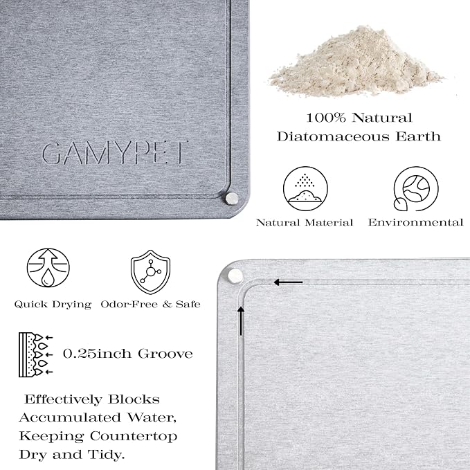 Stone Drying Mat 24"x16" Stone Dish Drying Mat for Kitchen Counter | Natural Diatomaceous Earth Absorbs Fast While Elevated Steel Feet Improve Airflow And Curved Wood Supports Prevent Sagging