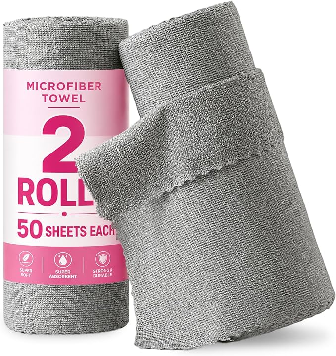 Jessy Home 2 Roll Reusable Paper Towels,100 Sheets Tear Away Microfiber Cleaning Cloth, Lint Free Cleaning Rags for Kitchen, Dishcloth,Household Cleaning Supplies