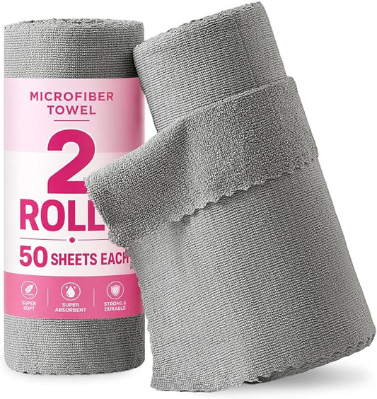 Jessy Home 2 Roll Reusable Paper Towels,100 Sheets Tear Away Microfiber Cleaning Cloth, Lint Free Cleaning Rags for Kitchen, Dishcloth,Household Cleaning Supplies