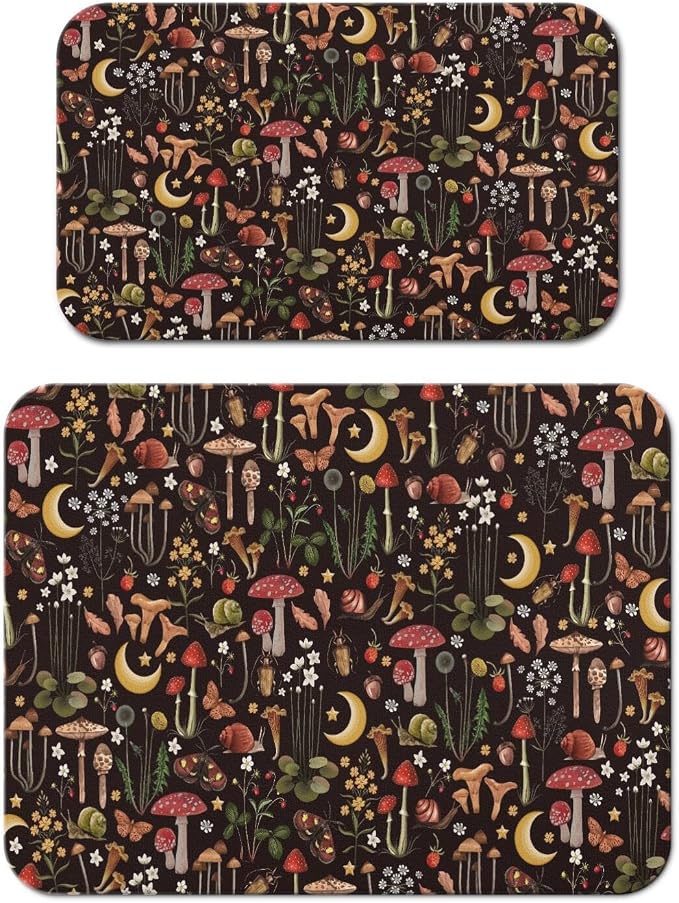 Dish Drying Mat 2-Pack with Mushroom for Kitchen Counter Absorbent Dishes | Diatom Mud Mats (18x24, 19.5x12"). Non-slip rubber back for kitchen counter, coffee bar & sink scenes