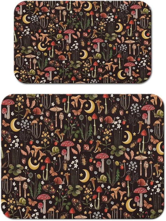 Dish Drying Mat 2-Pack with Mushroom for Kitchen Counter Absorbent Dishes | Diatom Mud Mats (18x24, 19.5x12"). Non-slip rubber back for kitchen counter, coffee bar & sink scenes