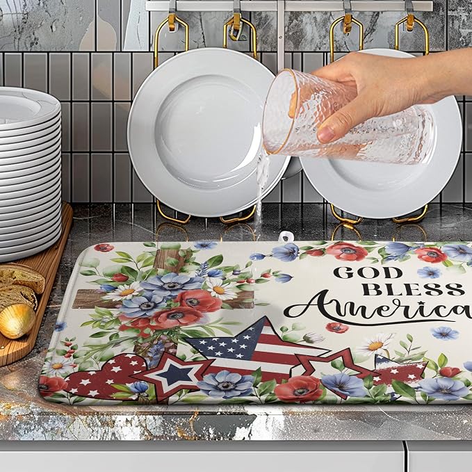 4th of July Drying Mat for Kitchen Counter Patriotic Floral Cross Stars Dish Drying Pad Independence Day Absorbent Microfiber Washable Dish Draining Mat Extra Large 18"x24"