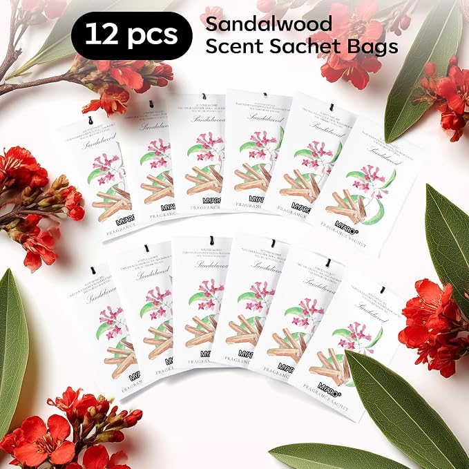 MYARO 12 Pack Sandalwood Scented Sachets, Closet Deodorizer Car Freshener | Long-Lasting Sachet Bag, Odor Eliminator for Closet, Drawer, Bathroom, Clothes, Fabric Refresher, Home Fragrance Gift Set