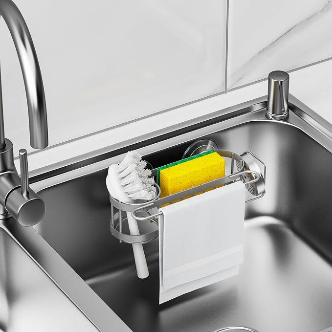Cisily Kitchen Sink Caddy Sponge Holder in The Sink, Stainless Steel Kitchen Sink Organizer, Brush Holder, Dish Cloth Hanger, Sink Stopper Holder (Suction cup-Grey)