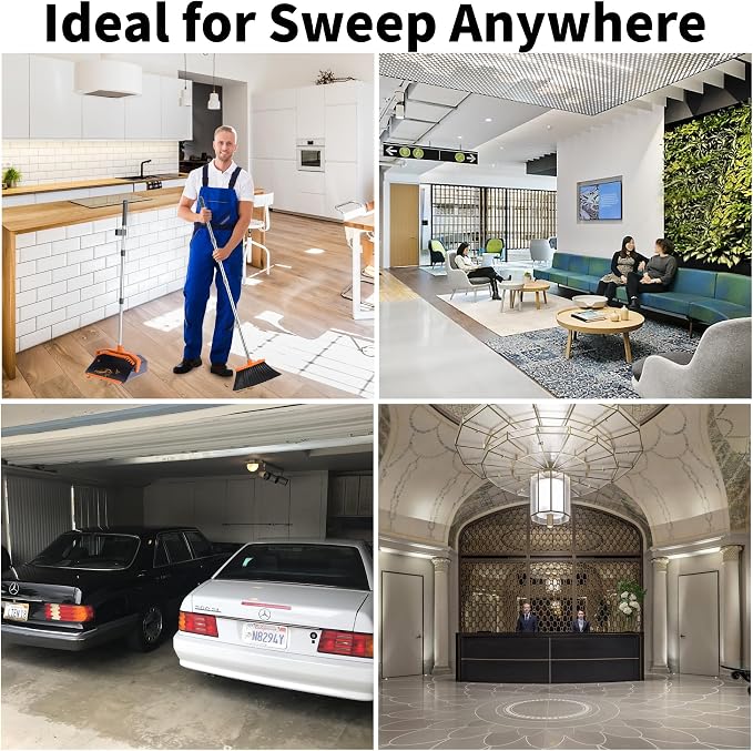 Broom and Dustpan Set for Home, 51" Long Handle Standing Pan Grey Orange | Self-Cleaning Dust Pan and Brooms, ZeroGap Lip, Upright Storage Broom Combo for Kitchen Lobby Office Restaurant Indoor