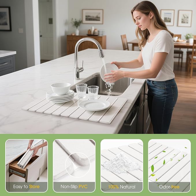 HABUTWAY Large Stone Dish Drying Mat for Kitchen Counter – 24"×16" Collapsible Diatomaceous Earth Mat, Ultra Absorbent & Quick Dry, Foldable Drying Pad for Dishes, Bottles, Cups (White)