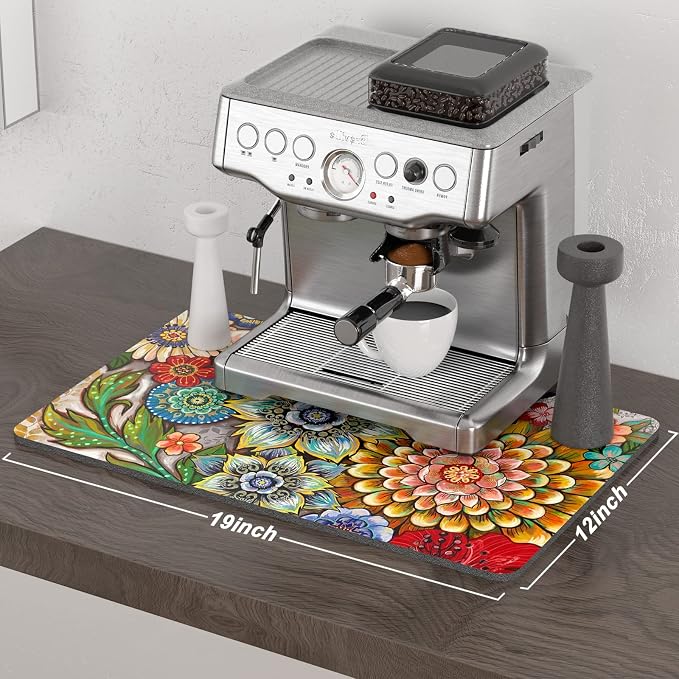 Rnivvi Coffee Mat, 12" x 19" Cute Flower Theme Coffee Bar Mats for Espresso Machine Station Accessories and Organizer, Hide Stain Rubber Backed Absorbent Dish Drying Pad for Kitchen Counter, Mandala