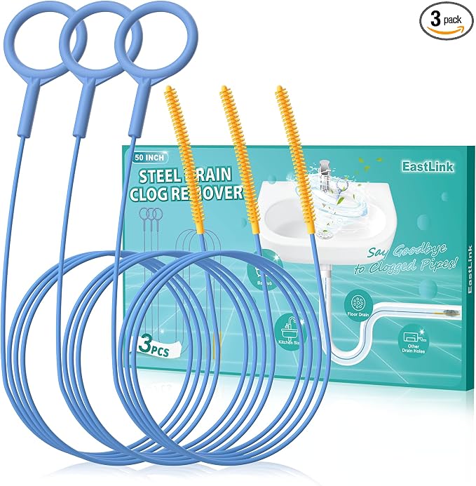 EastLink 50 Inch Extra-Long Drain Snake 3 Pack, Reusable Sink Snake with Easy-Rinse Barbed Tip, Anti-Break Flexible Steel Drain Clog Remover with Nylon Layer, Ideal for Bathroom, Shower and Bathtub
