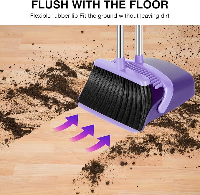 NACENA Broom and Dustpan Set, 52-in Long Adjustable Handle Broom Dustpan Combo with Dust pan Teeth to Automatically Clean Hair Suitable for Home Kitchen Office Hall Floor (Purple), 2 Pack