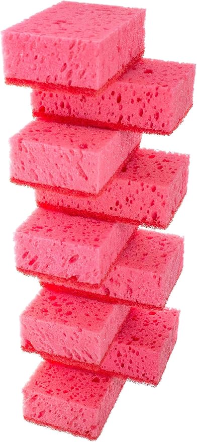 Pink Multi Use Scrub Sponges. Made in Europe. 9 Pack, 4.3x2.8x1.4 inches. Odorless Heavy Duty & Non Scratch Fiber. Durable and Delicate Scrubber for Kitchen & Bathroom, Housekeeping & Outdoors