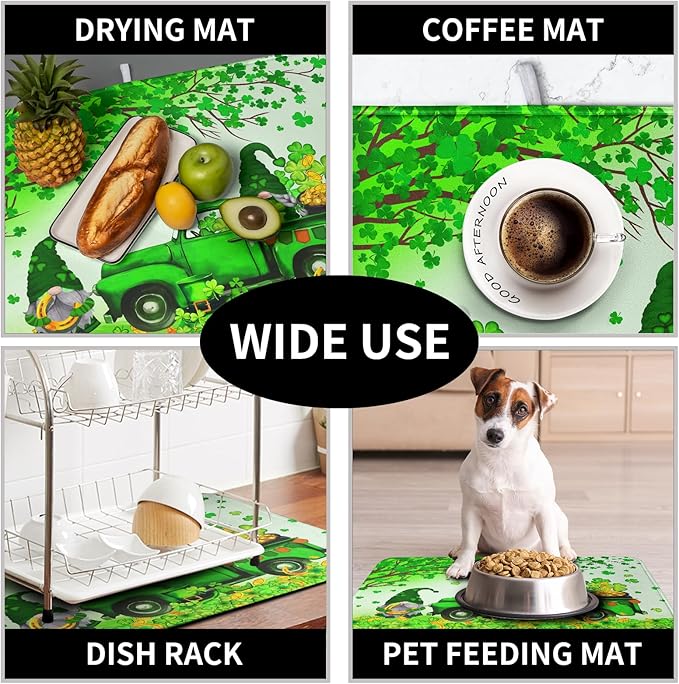 St Patricks Day Shamrock Drying Mat for Kitchen Counter Green Gnome Truck Dishes Drying Mat St. Patricks Day Spring Washable Dish Drying Pad Absorbent Microfiber Dishes Drainer Mats 16x18 Inch