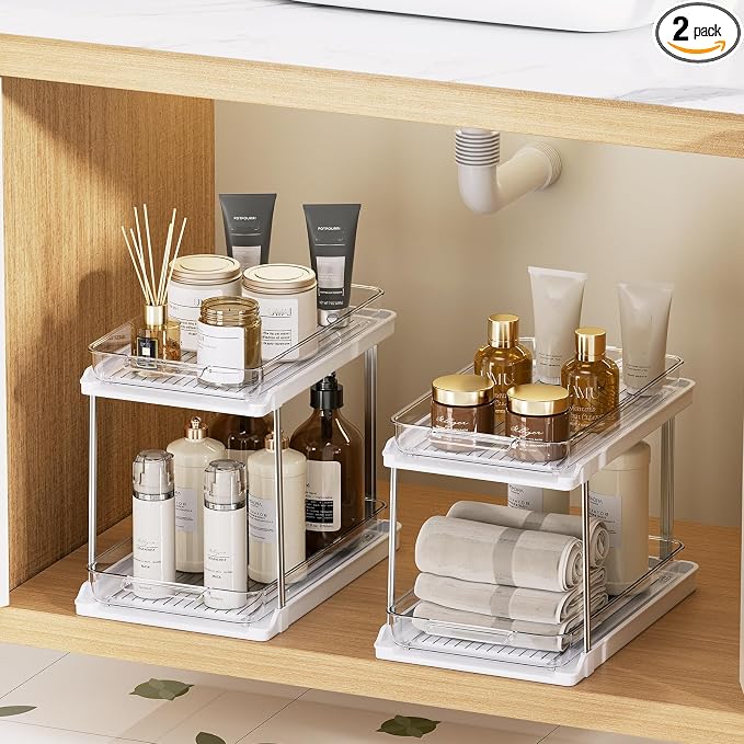 Delamu 2-Tier Bathroom Under Sink Organizers and Storage, Pull Out Cabinet Drawers with Anti-Slip Design, Multi-Purpose Storage for Kitchen, Pantry, Bathroom & Home Organization, White, 2 Pack