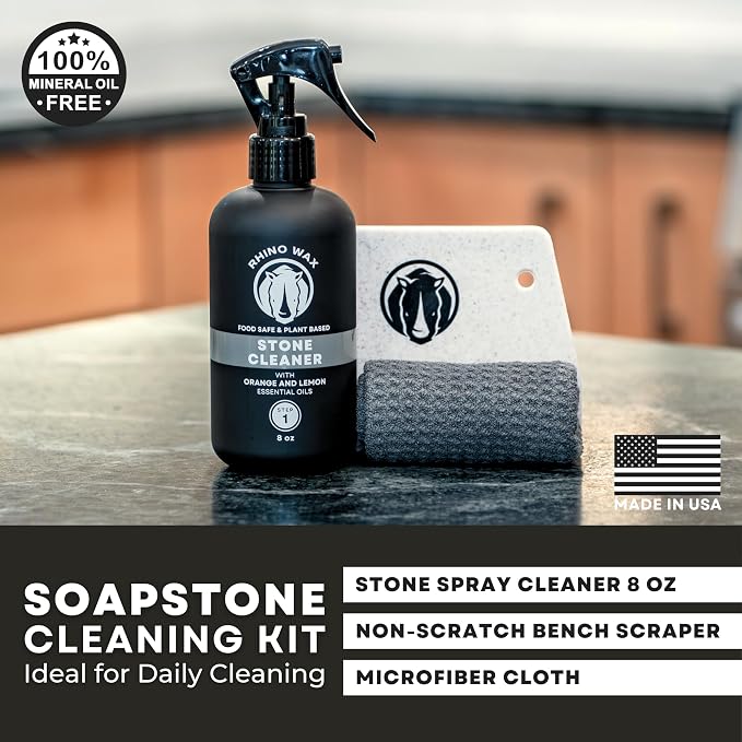 Rhino Wax Soapstone Cleaning Kit - Includes Stone Spray Cleaner, Scraper, Microfiber Cloth - Food Safe - Natural Ingredients - Safely Clean Soapstone, Slate, Granite, Quartz, Marble, Concrete - USA