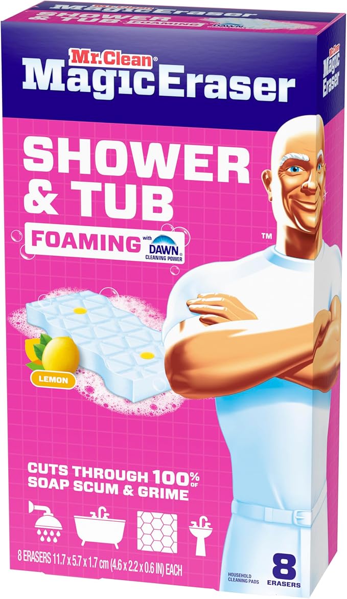 Mr. Clean Magic Eraser Sponge, Bathroom, Shower, Tub Cleaner, Soap Scum Remover, Bathroom Cleaning Supplies, Dawn Cleaning Power with Lemon Scent, Shower & Tub, 8ct
