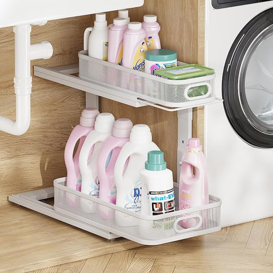 1-Pack Under Sink Storage Organizer with 2-Tier Slide Out Drawer, Sophisticated Mesh Pull Out Shelf for Kitchen & Bathroom, Fits Small Items, Upgraded Arched Track for Smooth Gliding-White