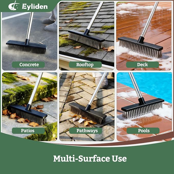 Eyliden Push Broom, 11.5-inch, Heavy Duty Moss Wire Scrub Brush | Stainless Steel Bristles, 65" Long Handle, for Deck, Floor, Concrete, Roof, Patio, Pool, Outdoor Cleaning