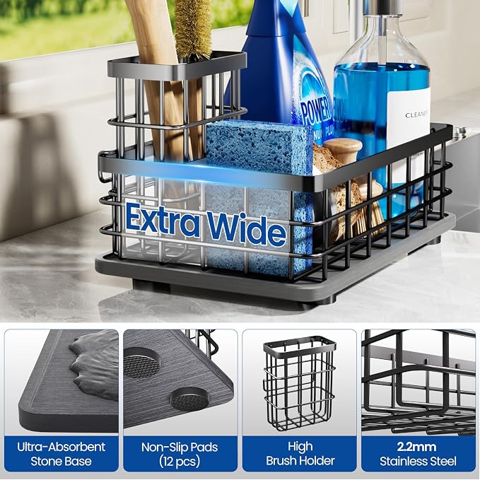 Extra Large Kitchen Sink Caddy Organizer, Stainless Steel Sponge Holder for Kitchen Sink with Brush Holder, Diatomite Stone Sink Tray for Soap Dispenser, Sponge, Bathroom Countertop Organizer, Black