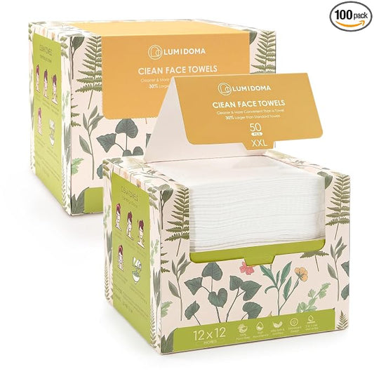 XXL Disposable Face Towel 12x12 Inches Extra Thick Facial Cleansing Cloths, 100% Plant-Based Pure Fiber Dry Wipes for Sensitive Skin, Makeup Removing, 2 Boxes 100 Count