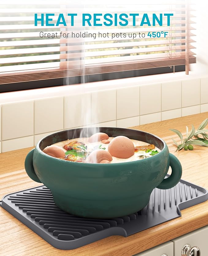 Dish Drying Mat Kitchen Counter - Silicone Dish Drying Pad with Built-in Drain for Sink, Refrigerator and Drawer liner, Easy Clean, Non-Slip, Heat Resistant, 15.8" x 13"