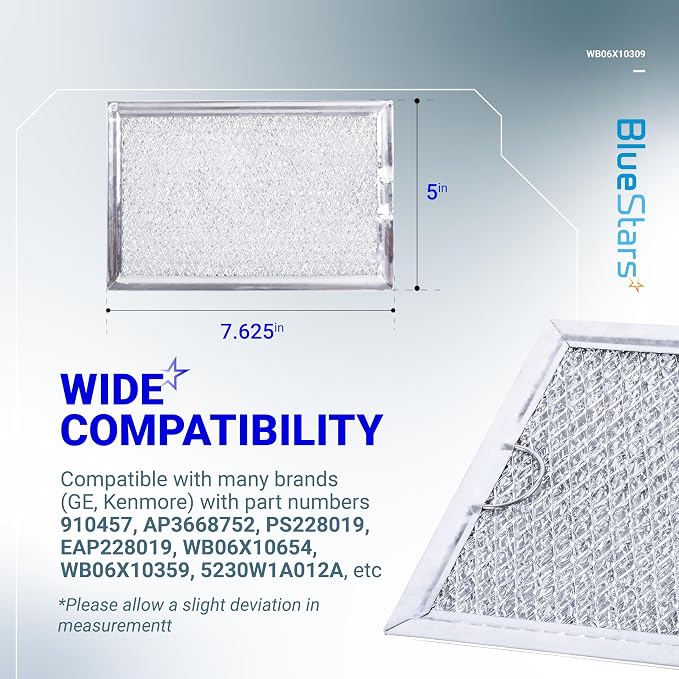 BlueStars Ultra Durable WB06X10309 WB06X10359 ME17R7021ES AA Microwave Grease Filter Replacement 7.64 x 5.12 - For G.E LG Kenmore Over-the-range Vent Hood Microwaves ME21R7051SS - 5 Packs