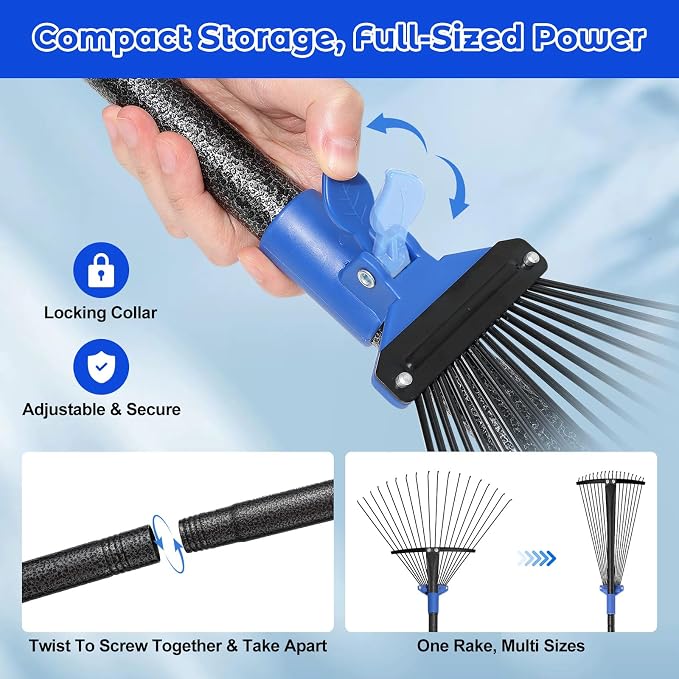 Garden Leaf Rake Set: 18 Tines Adjustable Rake, 2 Leaf Scoops, 32Gallon Leaf Bag, Metal Leaf Rakes with 8-17" Expandable Head, 60” Long Handle, Heavy Duty for Women Kids Lawn Yard Leaves Raking