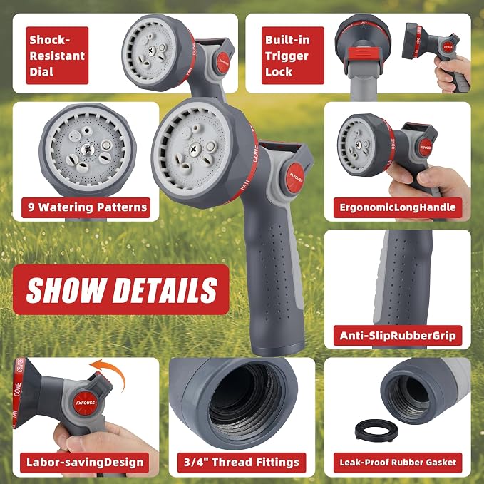 Metal Garden Hose Nozzle Heavy Duty - 9 Spray Patterns, THUMB CONTROL On Off Valve Hose Sprayer Nozzle for Watering Plants & Lawns, Washing Cars & Pets - Outdoor Water Hose Nozzle Head Attachment