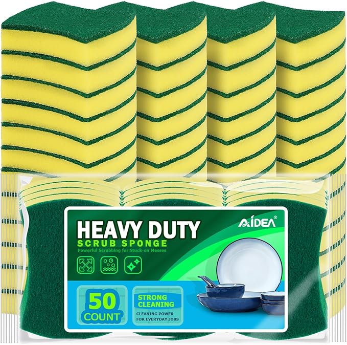 AIDEA Sponges Kitchen, 50-PK Heavy Duty Dish Sponge Kitchen, Scrub Sponges | Dish Sponges Stink-Free, Cleaning Dish Scrubber Sponges for Home & Restaurant, Bathroom, Sponges Bulk Supplies for Pots/ Pans