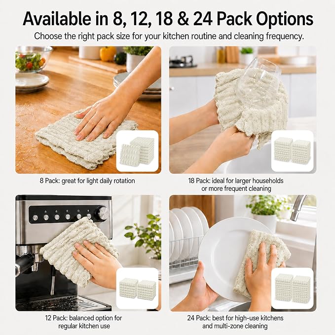 kimteny Microfiber Dish Cloths for Kitchen, 8 Pack 12 x 12 Inch Coral Velvet Kitchen Cleaning Cloths, Absorbent Reusable Non-Scratch Dish Rags for Dishes, Countertops & Sink
