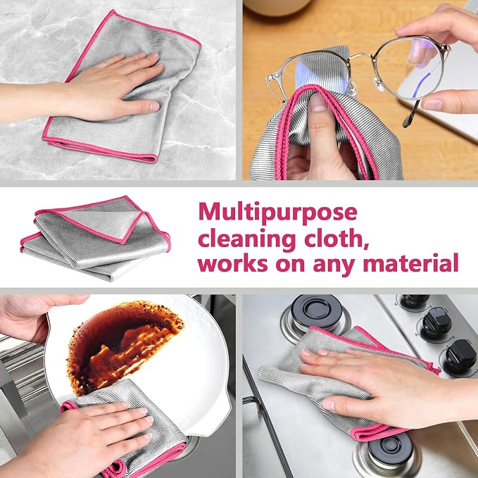 Airlab Glass Polishing Streak Free Miracle Cleaning Cloth, Sliver-Pink | Lint Free Microfiber Cleaning Rags for Glasses Kitchen Dish Mirrors Easy Clean, 12 x 12 Inches, Pack of 6
