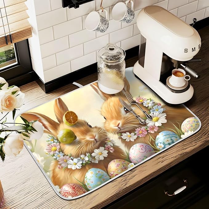 Cute Rabbit Bunny Easter Eggs Dish Drying Mat for Kitchen Counter Absorbent Microfiber Small Drying Pad Dish Mats for Kitchen Countertops 16 x 18 Inch