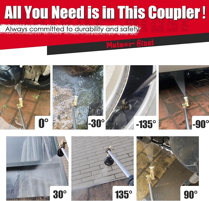 Meteor Blast Pivoting Coupler with 8 pressure washer nozzle tips 2.5gpm, 5 Angles 120 degree, heavy duty design and Stainless Steel Safety Lock, Clean Hard to Reach Area, 5000PSI, 1/4” Quick connect