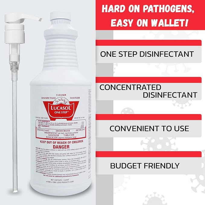 Lucasol One Step Disinfectant, 1 Quart (32 Ounce) Disinfectant & Attachable Dispenser Pump Combo, All Purpose Cleaner Disinfectant Spray For Hospitals, Schools, Salons, Household Cleaning And More.