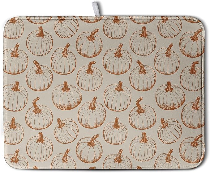 Fall Pumpkin Dish Drying Mat for Kitchen Counter Burnt Orange Autumn Thanksgiving Dish Mat Absorbent Microfiber Kitchen Countertop Protector Dishes Drying Pad Large Drying Mats 18x24 Inch