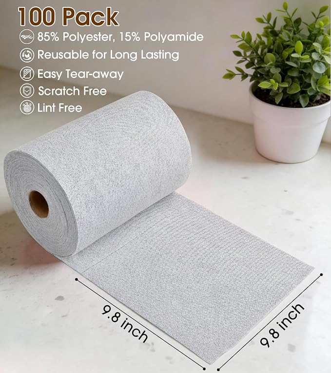 KitchLife Microfiber Cleaning Cloth Roll, 100 Pack - Tear-Away Microfiber Paper Towels, Lint-Free, Reusable, Washable for Kitchen, Car, Dishes, and Sensitive Surfaces (Light Gray)