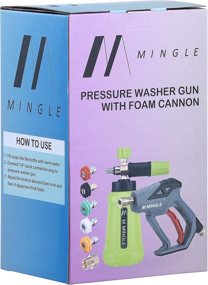M MINGLE High Pressure Washer Gun Snow Foam Lance, 4000 PSI, 1 Liter | Foam Blaster with 1/4" Quick Connector, Car Wash Foam Cannon Kit with 5 Nozzle Tips & M22 Adapter, Generates Thick Foam