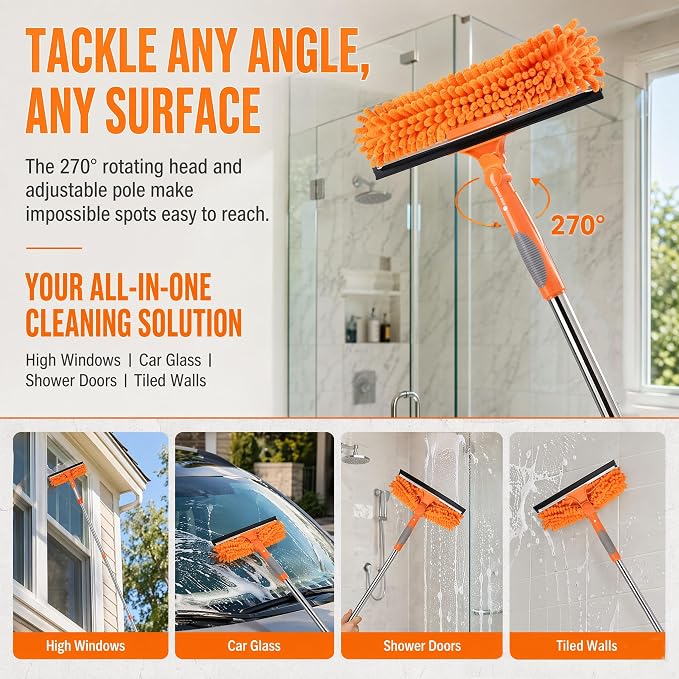 2-in-1 Window Cleaner Tool, 68'' Squeegee for Window Cleaning | Extension Pole, Scrubber with Rotating Head, Streak-Free Squeegee, Thickened Stainless Steel, In/Outdoor Washing Equipment