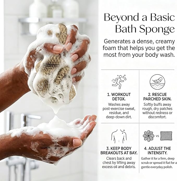 UJFQBH African Net Sponge Authenti, Exfoliating Body Scrubber for Back and Hard to Reach Areas, Gentle Daily Exfoliation for Deep Cleansing, Quick Drying Shower Essential, Aqua Grey 3 Pack