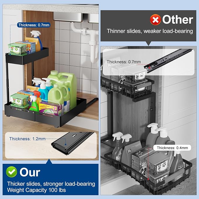 Insputer 2 Pack Under Sink Organizer, 2 Tier Under Cabinet Storage Expandable Width 9.8"-15" & Height Adjustable, Thickened Pull Out Shelf for Bathroom, Kitchen, Laundry, Pantry(Black)